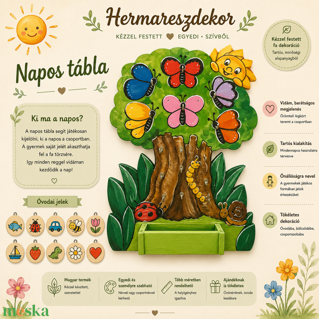 Egyedi Óvodai napos tábla�   Kézzel festett egyedi mintával  Hermareszdekor - játék & sport - ovis felszerelés - egyéb ovis kiegészítő - Meska.hu