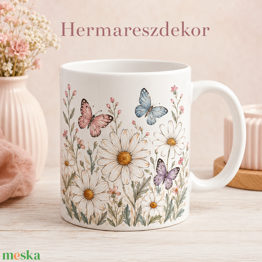 Egyedi Bögre  Margaréták és pillangók  - otthon & életmód - konyhafelszerelés, tálalás - tálalás - bögre & csésze - Meska.hu