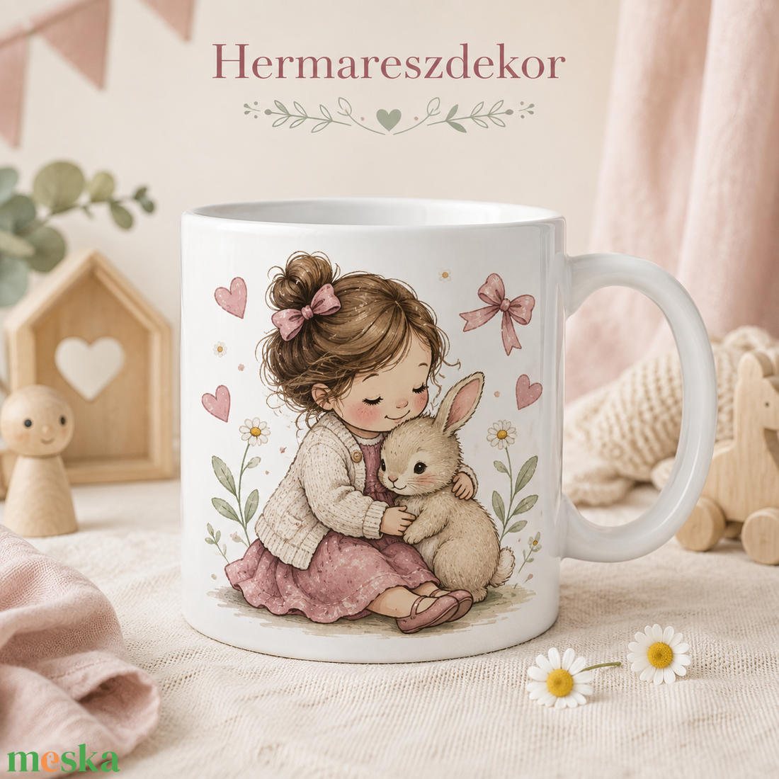 Egyedi Bögre  Kislány nyuszival és szívecskékkel  - otthon & életmód - konyhafelszerelés, tálalás - tálalás - bögre & csésze - Meska.hu
