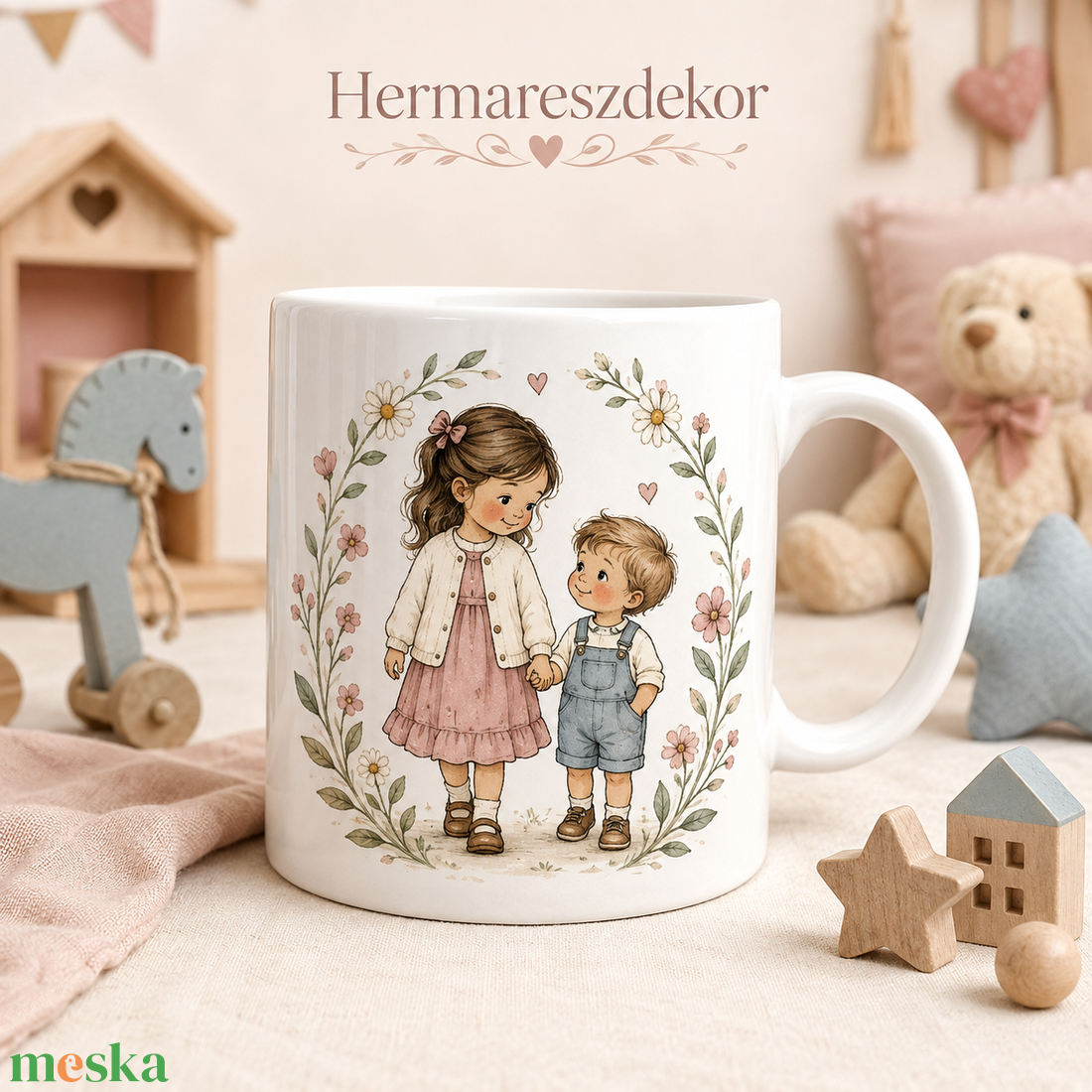 Egyedi Bögre   Kézen fogva, virágos kerettel - otthon & életmód - konyhafelszerelés, tálalás - tálalás - bögre & csésze - Meska.hu