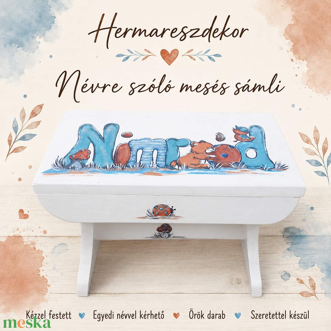 Névre szóló fa gyereksámli � egyedi kézzel festett sámli, keresztelőre és születésnapra - baba - mama - babaszobabútor - gyerek szék, sámli - Meska.hu
