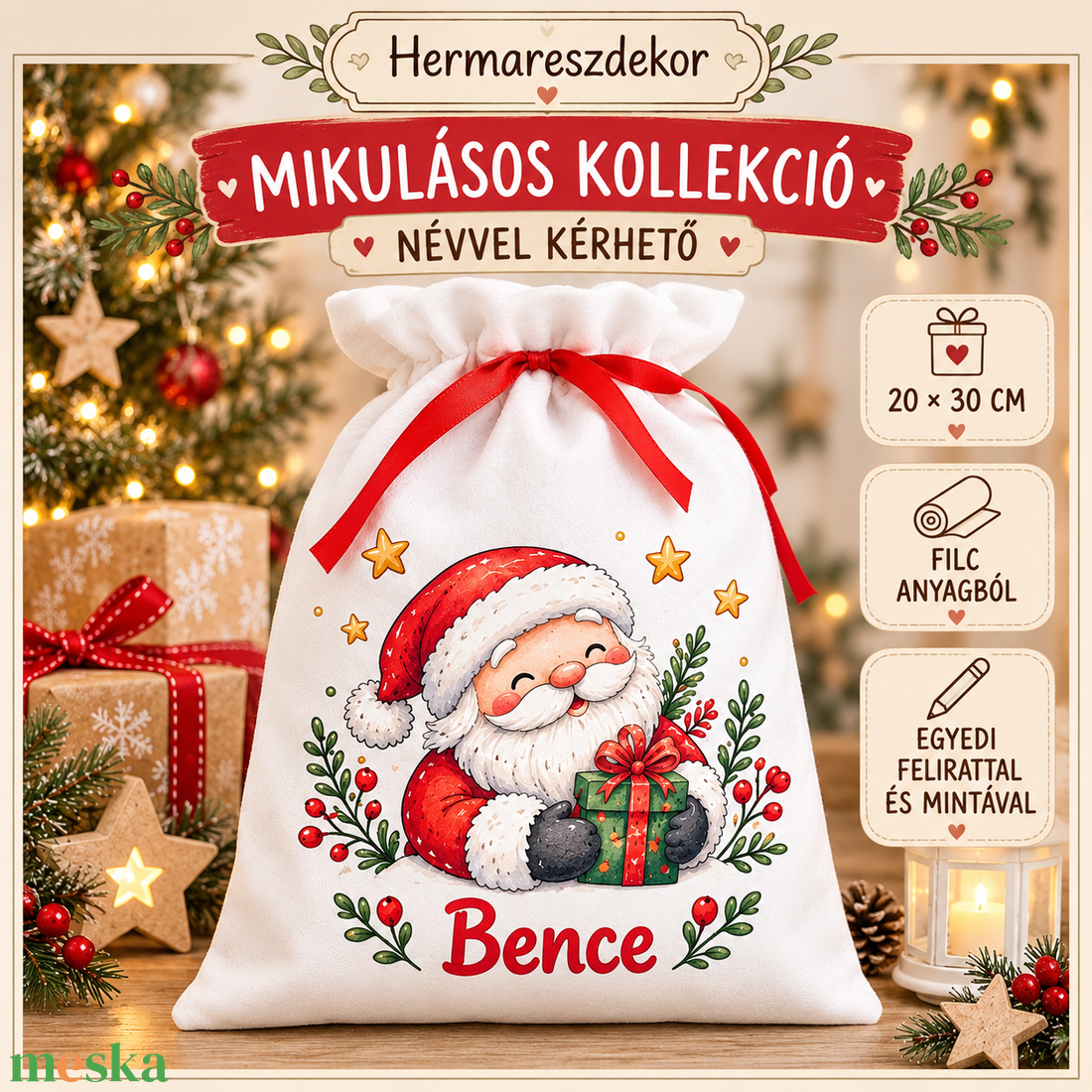 � Egyedi, névre szóló Mikulászsák � Hermareszdekor  - karácsony - mikulás - mikulás zsák - Meska.hu