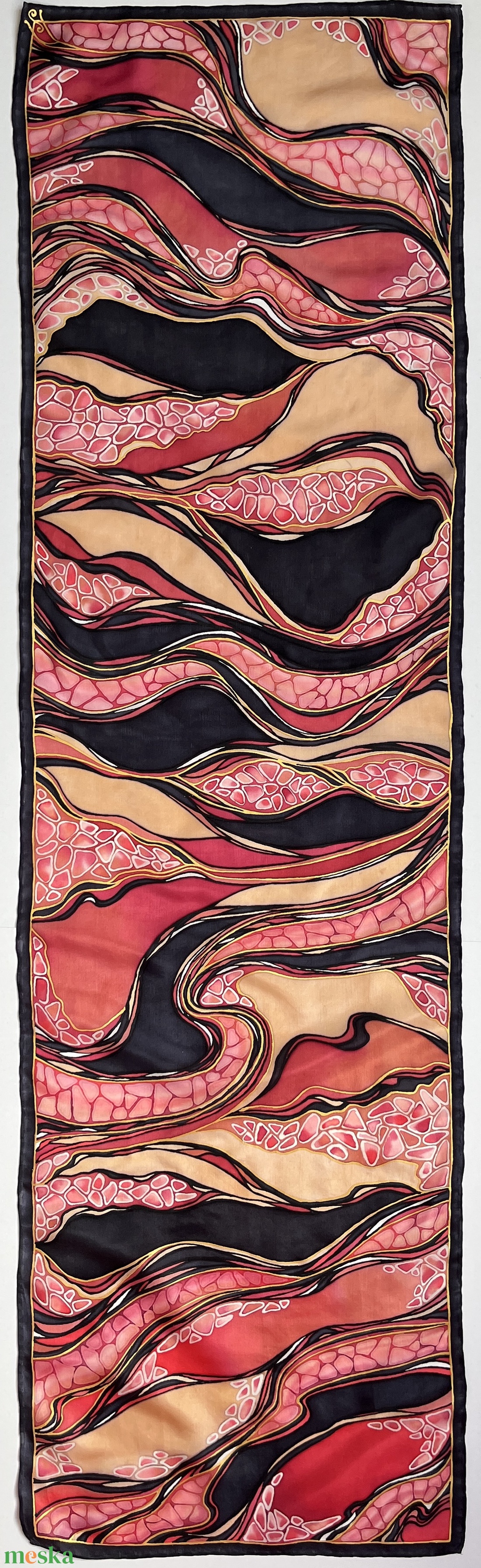 Áramlatok-fekete, arany, vörös selyemsál - ruha & divat - sál, sapka, kendő - sál - Meska.hu