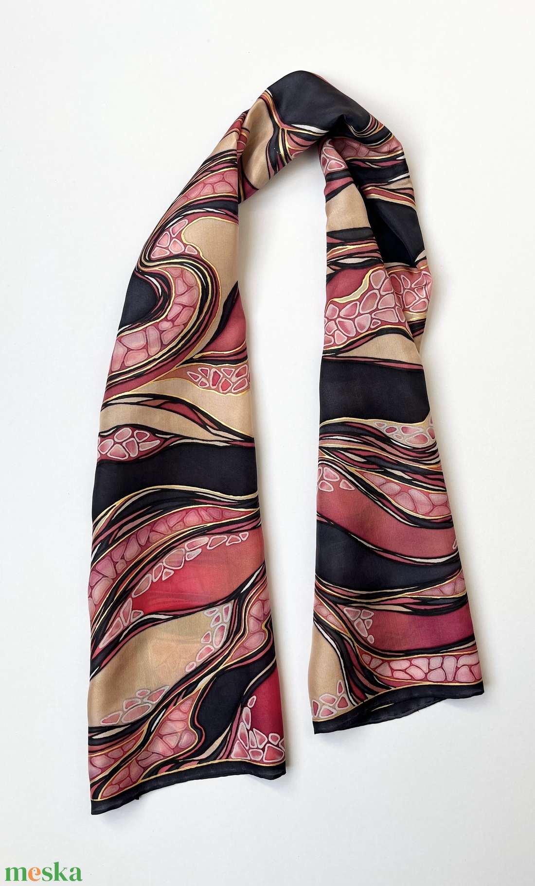 Áramlatok-fekete, arany, vörös selyemsál - ruha & divat - sál, sapka, kendő - sál - Meska.hu