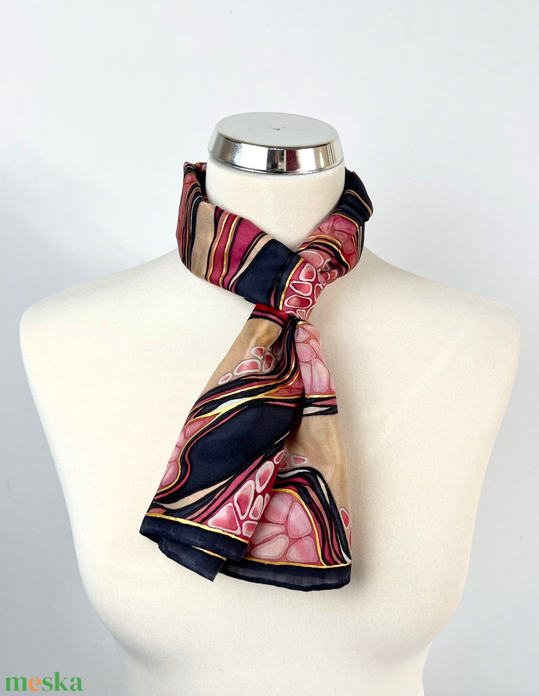 Áramlatok-fekete, arany, vörös selyemsál - ruha & divat - sál, sapka, kendő - sál - Meska.hu