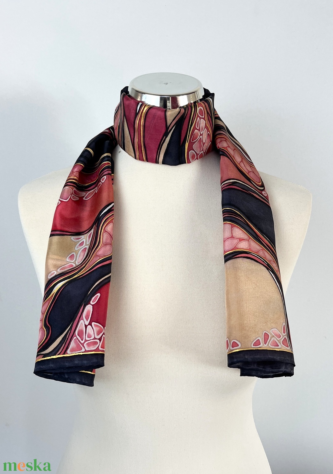 Áramlatok-fekete, arany, vörös selyemsál - ruha & divat - sál, sapka, kendő - sál - Meska.hu