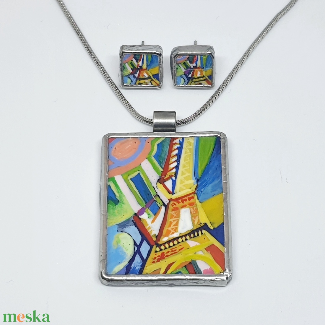 Delaunay - Eiffel torony kézzel festett medál, bedugós fülbevaló szett - ékszer - ékszerszett - Meska.hu