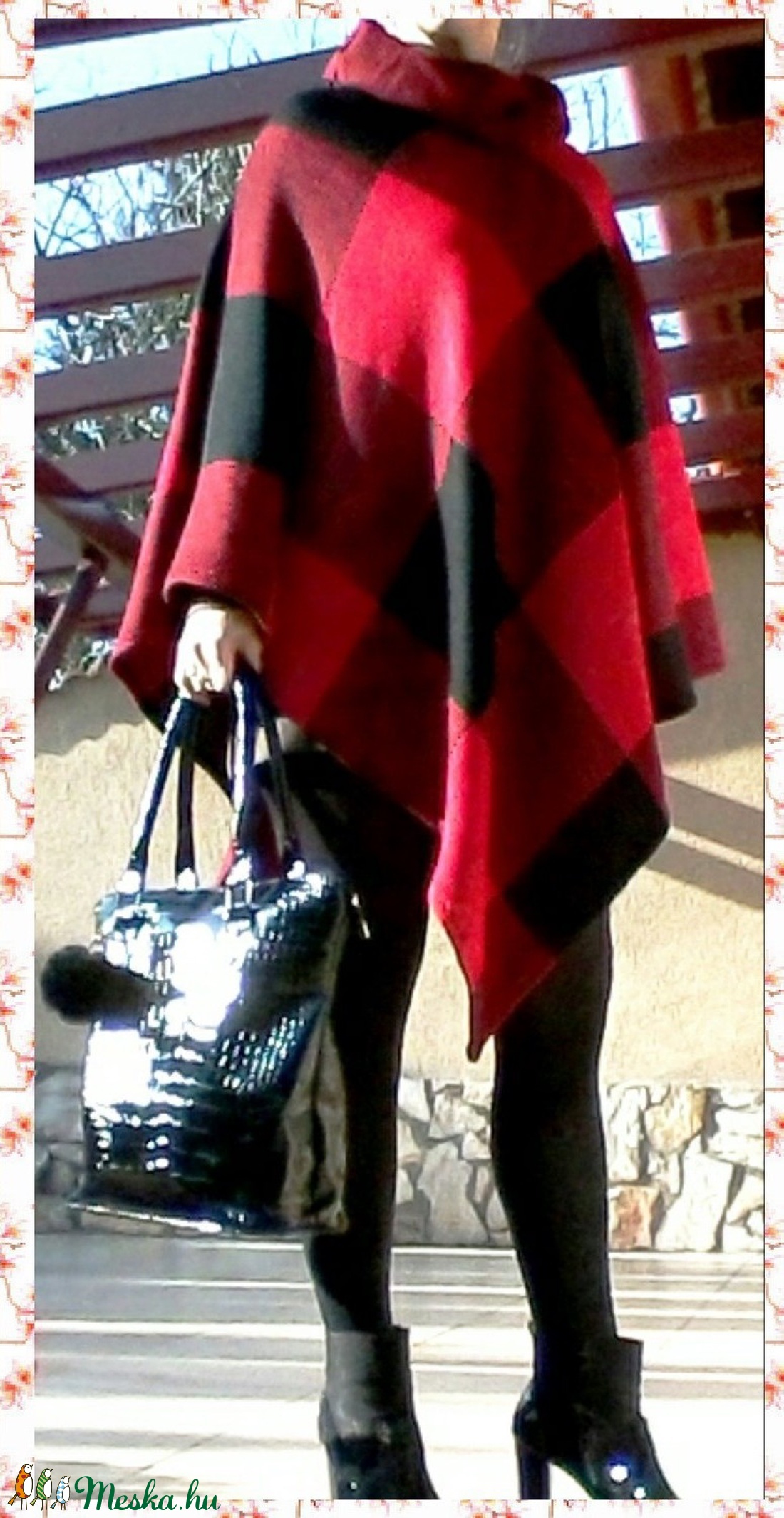 Piros-fekete kockás, hosszú poncsó -  - Meska.hu