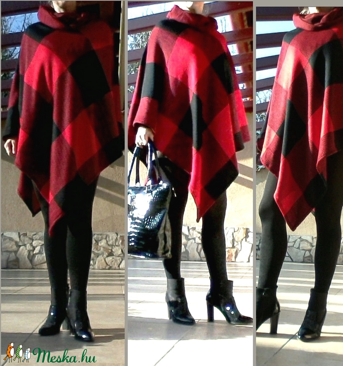 Piros-fekete kockás, hosszú poncsó -  - Meska.hu