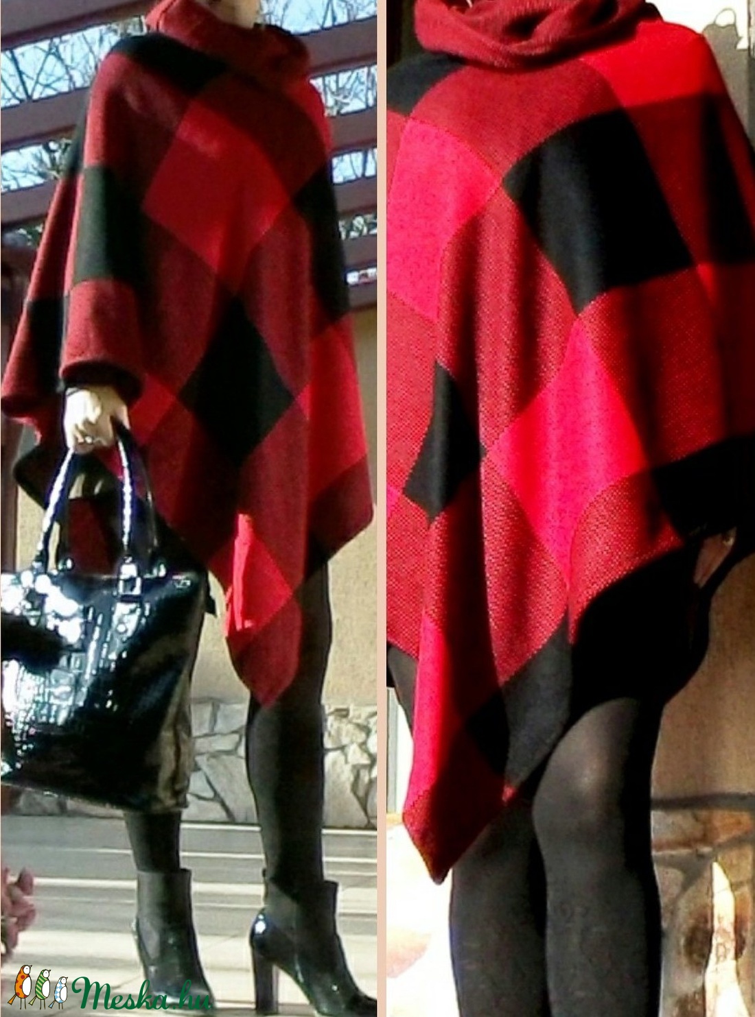 Piros-fekete kockás, hosszú poncsó -  - Meska.hu