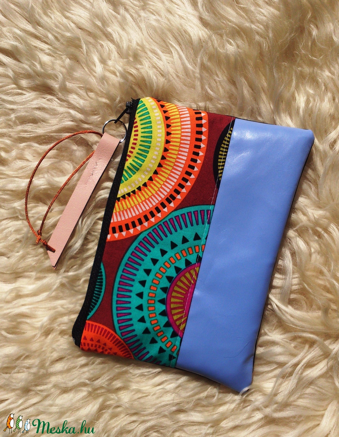 Azúrkék valódi bőrrel- desigual neszeszer/tolltartó, rojtos -  - Meska.hu