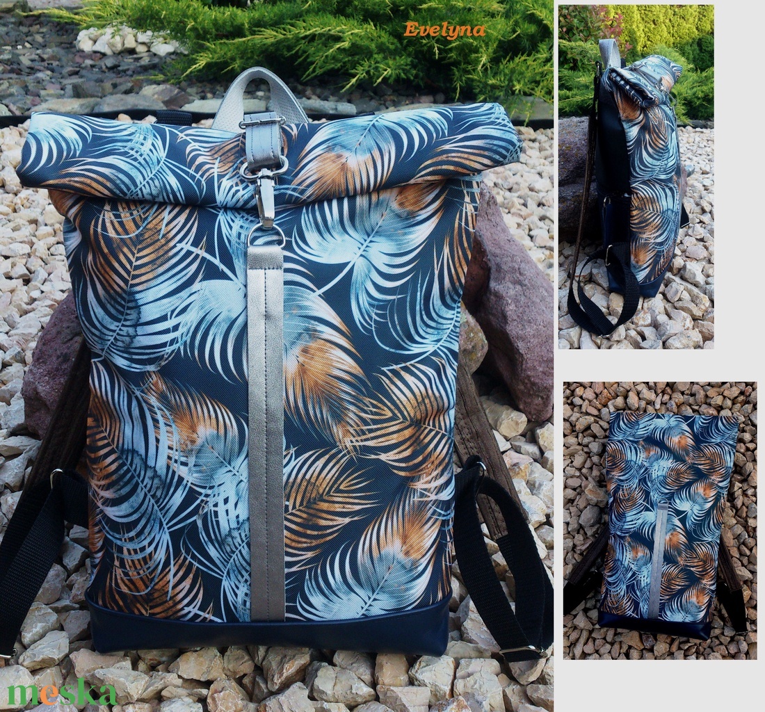 Ezüstös-szürke- bronz -kékkel hátitáska- valódi bőrrel - vízálló - laptoptáska - nagyobb méret - táska & tok - hátizsák - roll top hátizsák - Meska.hu