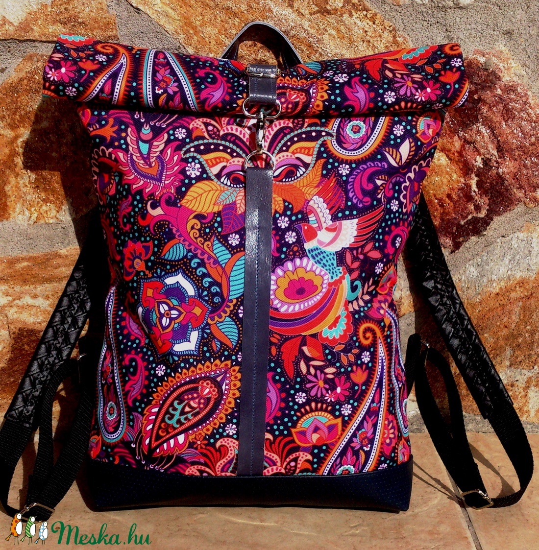Kék-bordó- narancs paisley mintás  hátitáska- valódi bőrrel - vízálló - laptoptáska - táska & tok - hátizsák - roll top hátizsák - Meska.hu