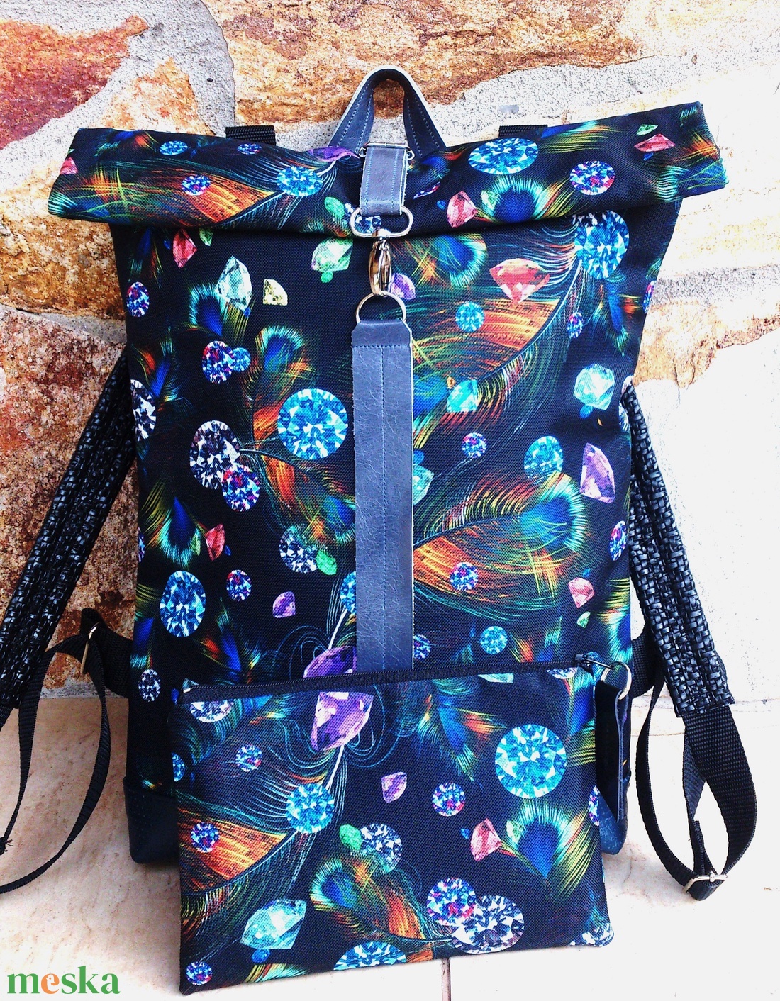 Türkizkék- kék - fekete hátitáska nagyobb méret - laptop táska valódi bőrrel+neszi/tolltartó - táska & tok - hátizsák - roll top hátizsák - Meska.hu