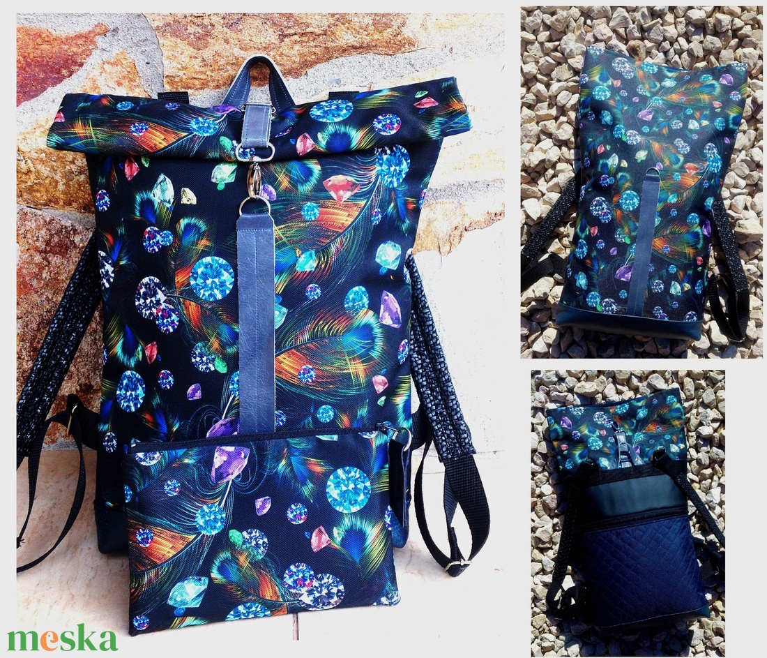Türkizkék- kék - fekete hátitáska nagyobb méret - laptop táska valódi bőrrel+neszi/tolltartó - táska & tok - hátizsák - roll top hátizsák - Meska.hu
