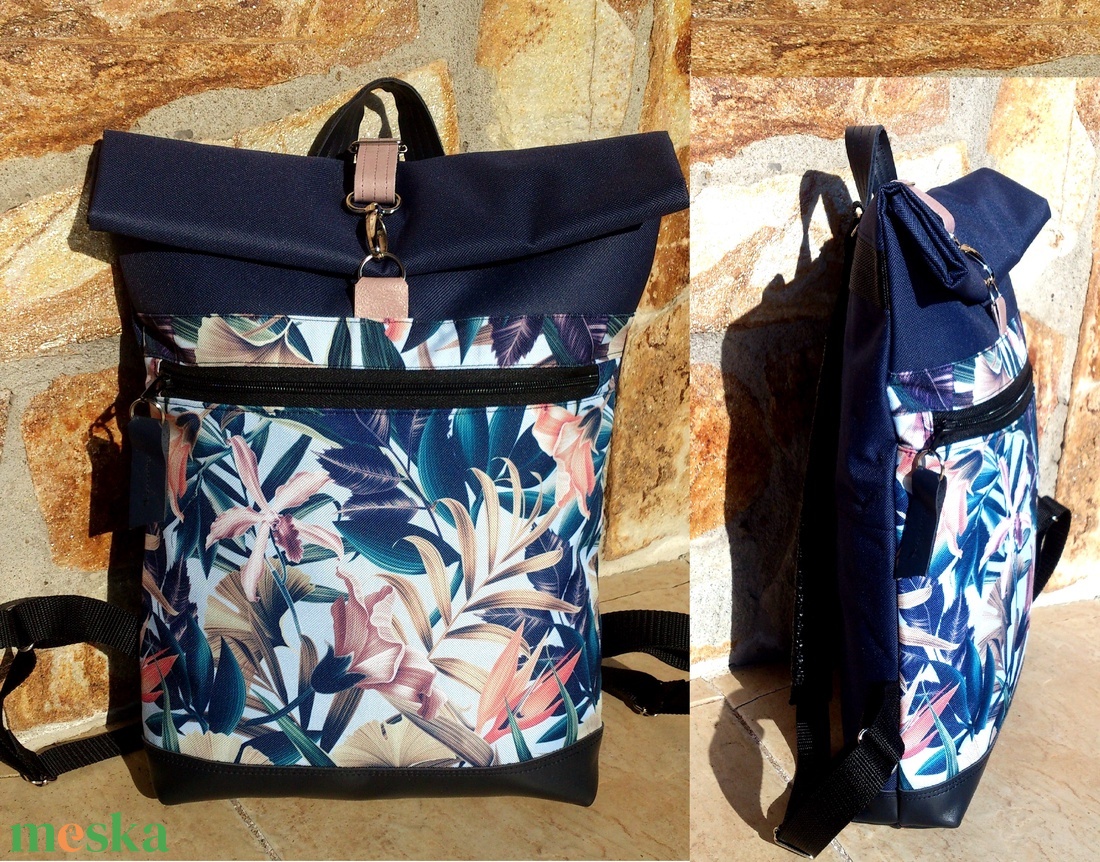 Kék-rose mintás hátitáska, első zsebbel, vízálló - valódi bőrrel - laptoptáska - nagyobb méretben - táska & tok - hátizsák - roll top hátizsák - Meska.hu