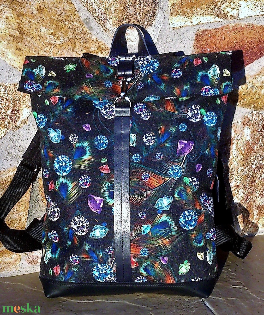 Türkizkék- kék - fekete hátitáska nagyobb méret - laptop táska valódi bőrrel - táska & tok - hátizsák - roll top hátizsák - Meska.hu
