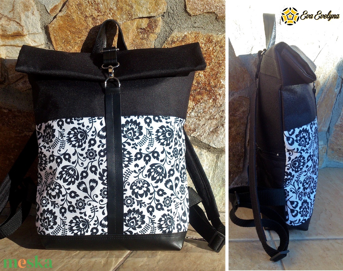 Fekete-fehér vízálló hátitáska- valódi bőrrel - ajándék  - táska & tok - hátizsák - roll top hátizsák - Meska.hu