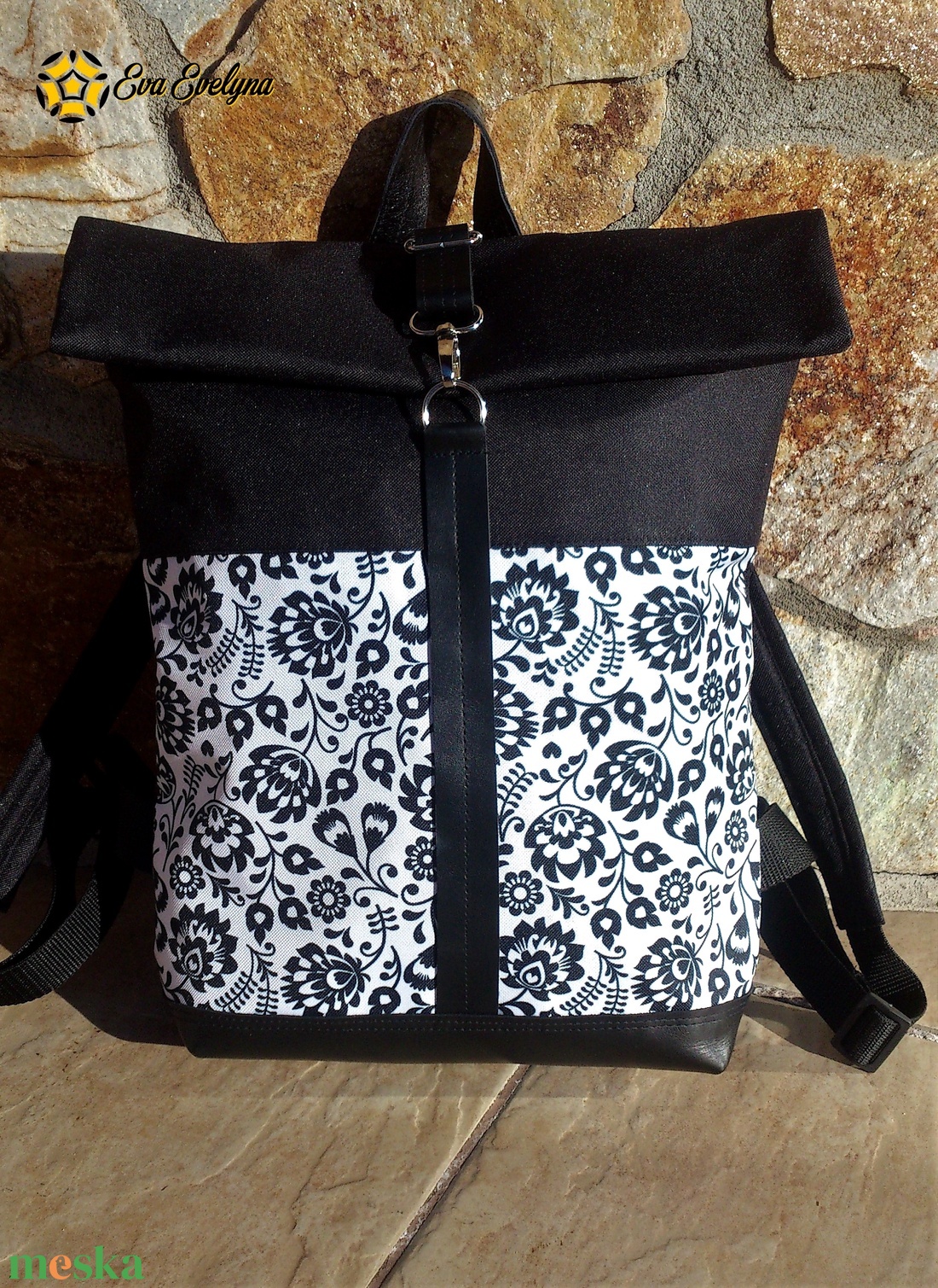 Fekete-fehér vízálló hátitáska- valódi bőrrel - ajándék  - táska & tok - hátizsák - roll top hátizsák - Meska.hu