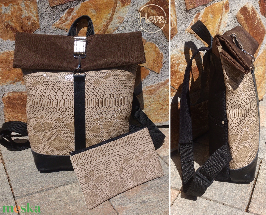 Elegáns aranybarna-mogyoró - hátitáska- valódi bőrrel Akciós - táska & tok - hátizsák - roll top hátizsák - Meska.hu