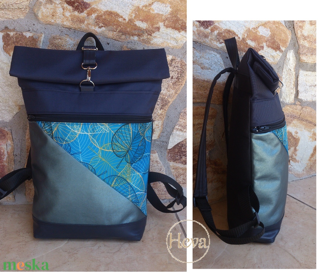 Türkizkék mintás vízálló hátitáska- valódi bőrrel - laptoptáska - első zsebes+neszivel  - táska & tok - hátizsák - roll top hátizsák - Meska.hu