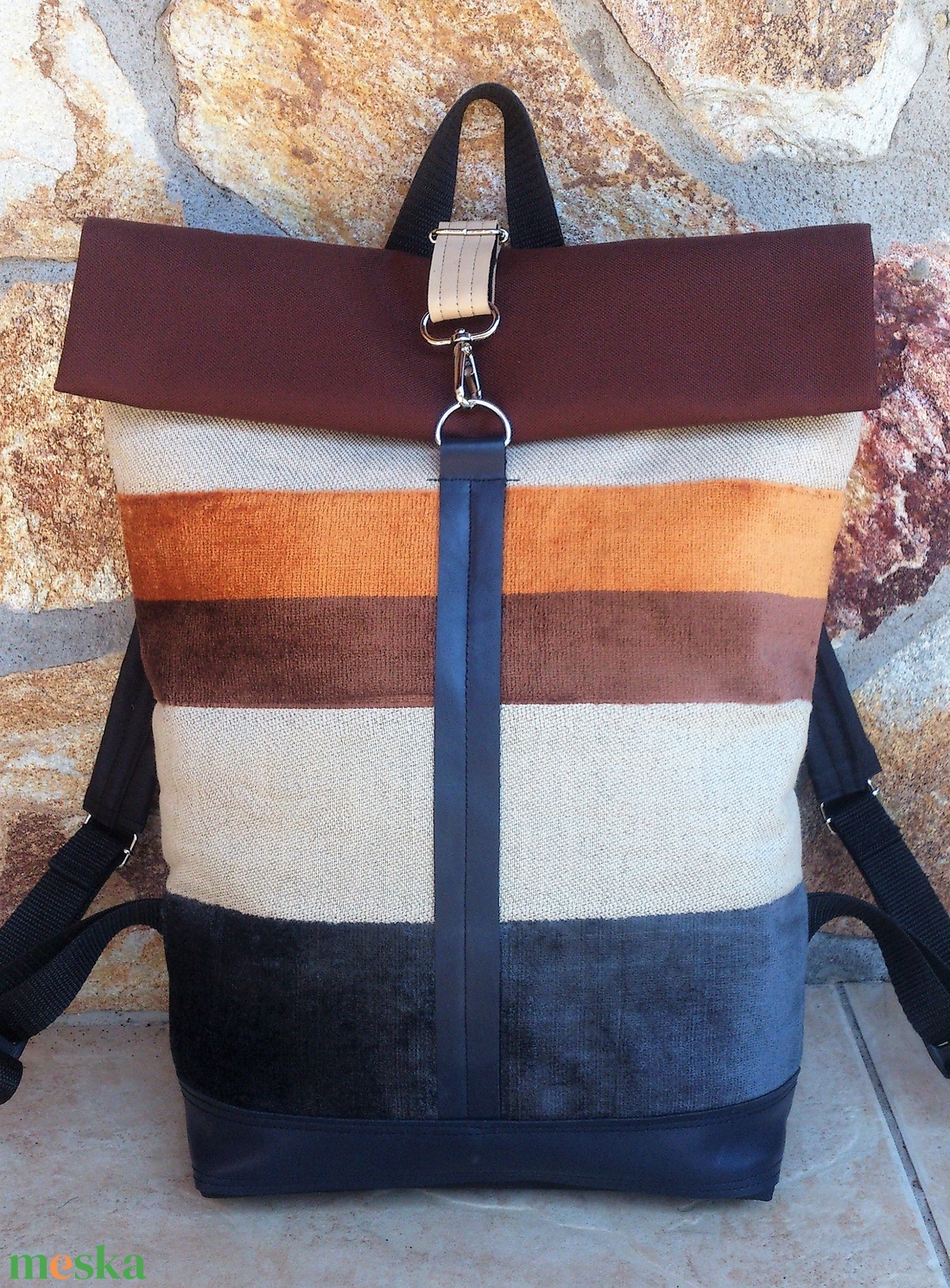 Kék-barna, bézs -hátitáska- valódi bőrrel - nagyobb méret- laptop táska- - táska & tok - hátizsák - roll top hátizsák - Meska.hu