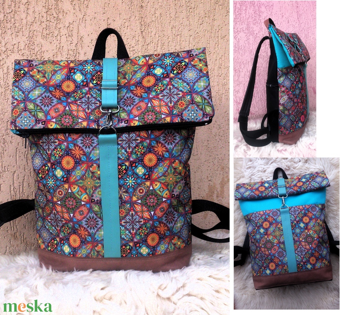 Akciós! Mandalás türkiz- barna -mintás hátitáska- valódi bőrrel - vízálló - ajándék - karácsony - táska & tok - hátizsák - roll top hátizsák - Meska.hu