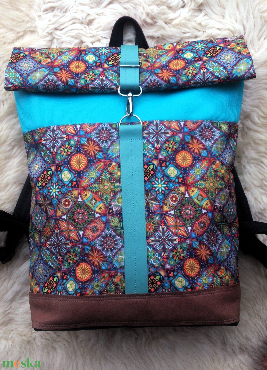 Akciós! Mandalás türkiz- barna -mintás hátitáska- valódi bőrrel - vízálló - ajándék - karácsony - táska & tok - hátizsák - roll top hátizsák - Meska.hu