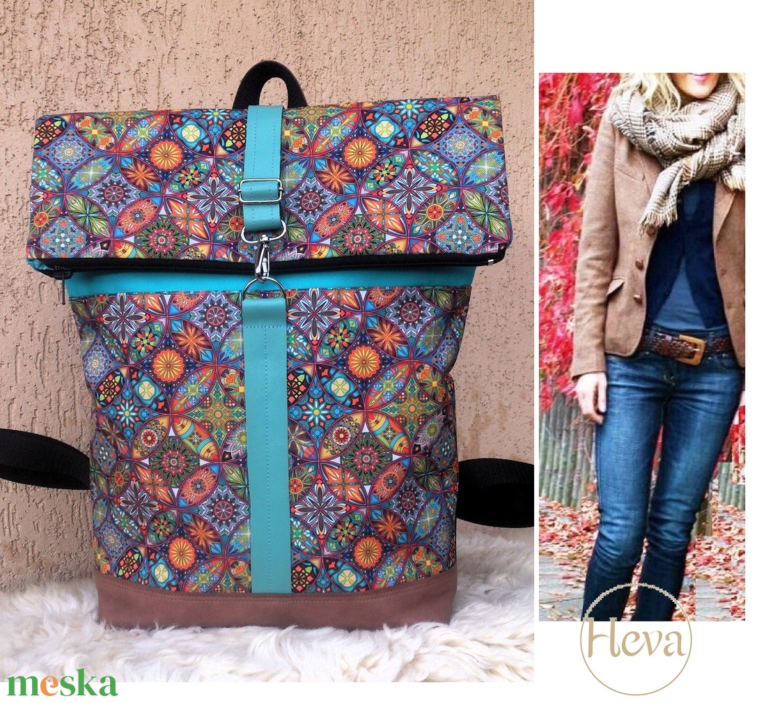Akciós! Mandalás türkiz- barna -mintás hátitáska- valódi bőrrel - vízálló - ajándék - karácsony - táska & tok - hátizsák - roll top hátizsák - Meska.hu