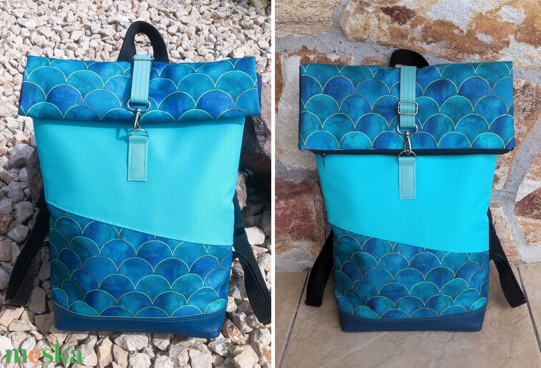 Türkizkék- kék-arany menta - hátitáska- valódi bőrrel - vízálló  - ajándék- karácsony - nagyobb méret - táska & tok - hátizsák - roll top hátizsák - Meska.hu
