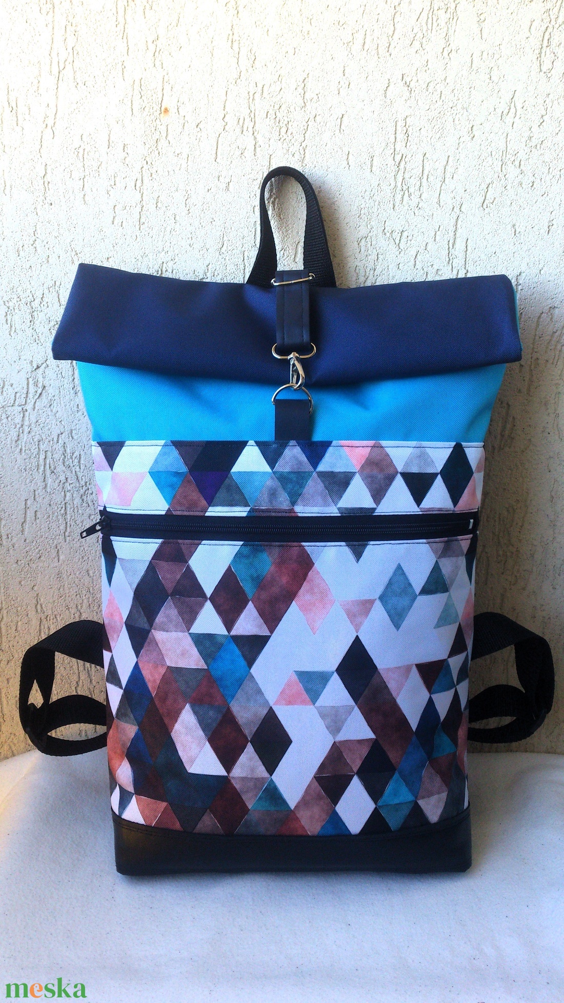 Rombusz mintás - hátizsák - Rolltop - valódi bőrrel - nagyobb méret - ajándék -unisex - táska & tok - hátizsák - roll top hátizsák - Meska.hu