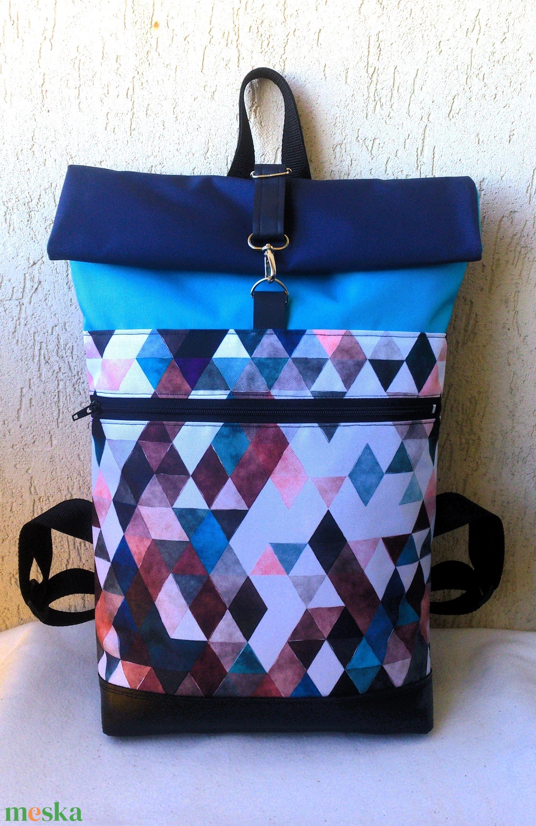 Rombusz mintás - hátizsák - Rolltop - valódi bőrrel - nagyobb méret - ajándék -unisex - táska & tok - hátizsák - roll top hátizsák - Meska.hu