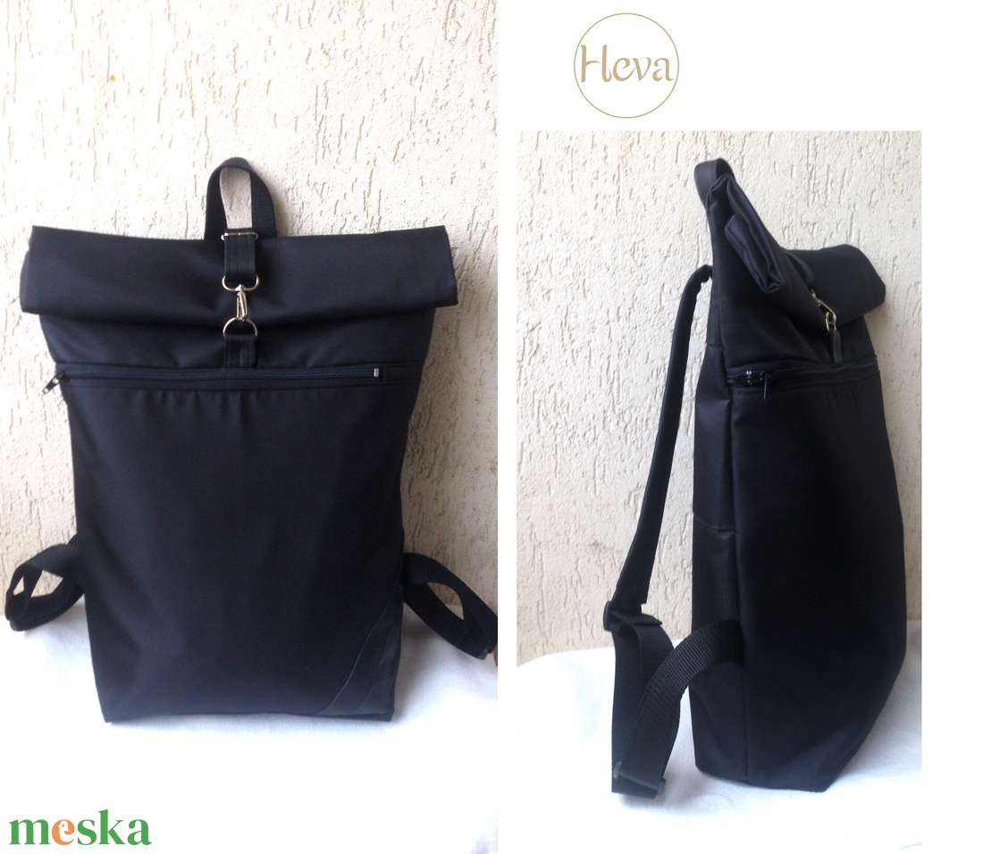 Fekete hátizsák-  rolltop - laptop táska- Nagy méret- valódi bőrrel- ajándék - unisex - táska & tok - hátizsák - roll top hátizsák - Meska.hu