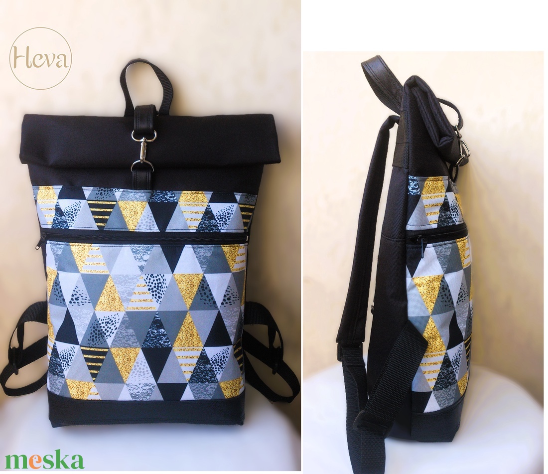 Ezüstös-szürke- vízálló hátizsák - fekete valódi bőrrel - rolltop - ajándék - ballagásra - táska & tok - hátizsák - roll top hátizsák - Meska.hu