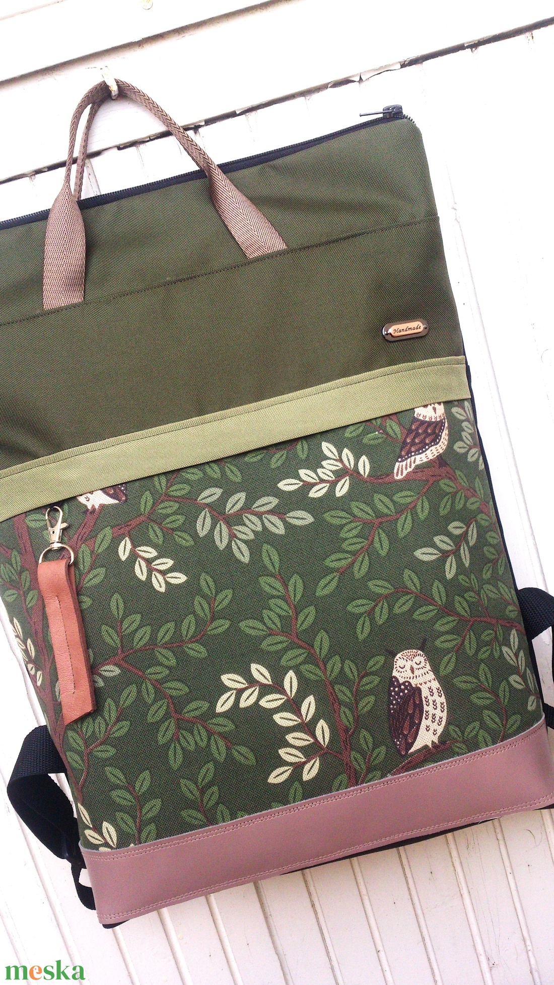 Zöld - baglyos hátizsák/kézitáska- vízálló - valódi bőrrel - pakolós hátizsák - ajándék - kismamáknak - táska & tok - hátizsák - hátizsák - Meska.hu