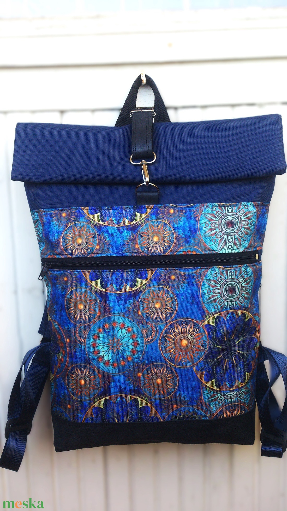 Türkizkék - mandalás roll-top hátizsák/ vízálló - valódi bőrrel - nagyobb méret - ajándék  - táska & tok - hátizsák - roll top hátizsák - Meska.hu