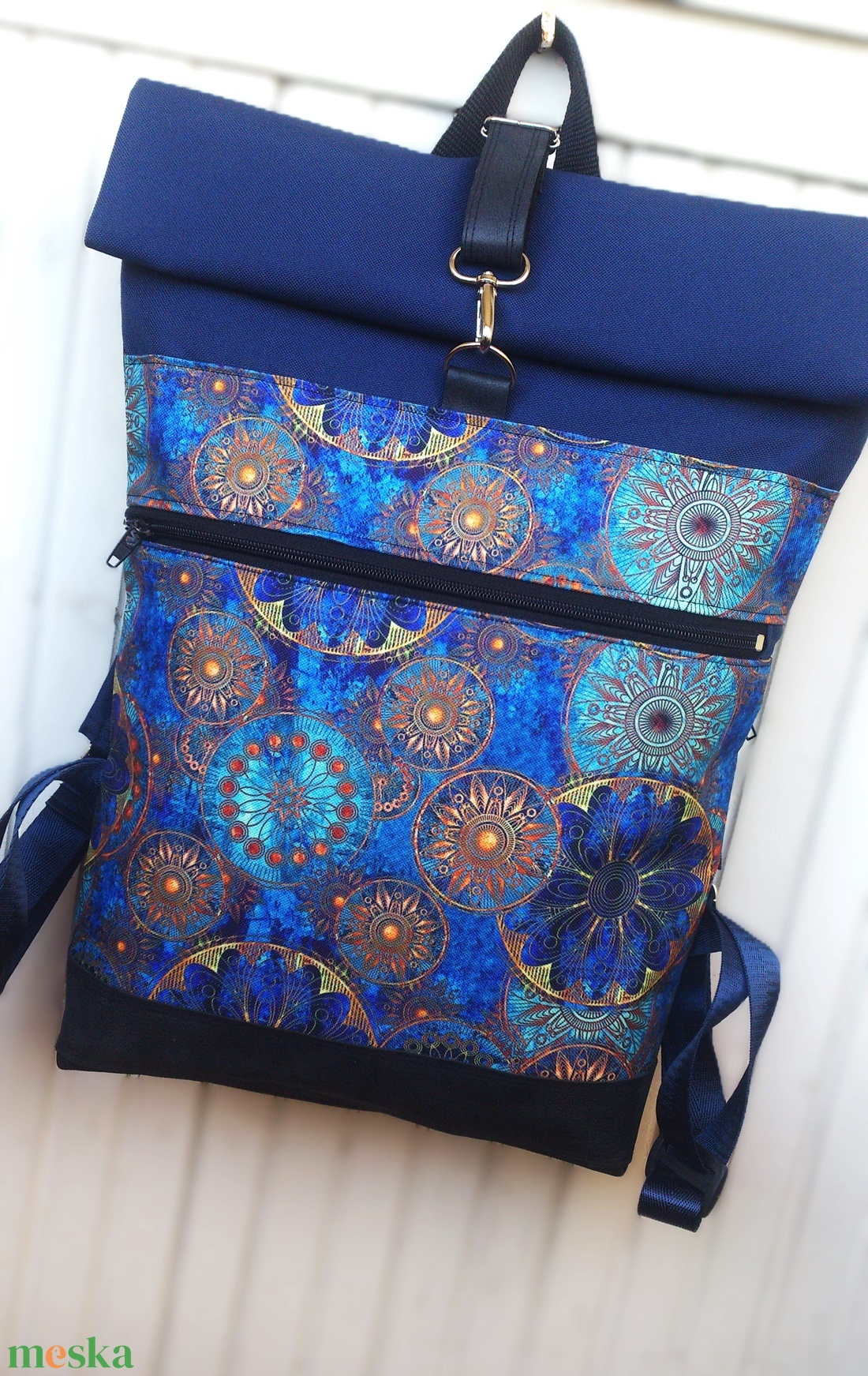 Türkizkék - mandalás roll-top hátizsák/ vízálló - valódi bőrrel - nagyobb méret - ajándék  - táska & tok - hátizsák - roll top hátizsák - Meska.hu