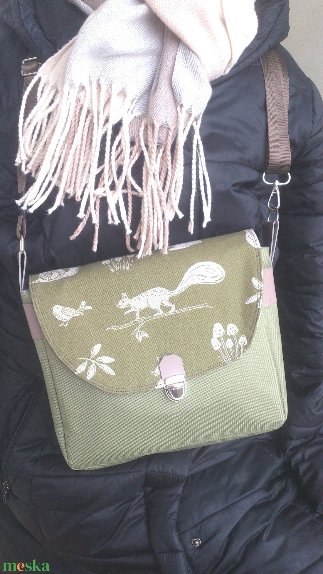 Cross body - olívazöld / oldaltáska, testtáska - bőr kiegészitőkkel - ajándék - Heva táska - karácsony - táska & tok - kézitáska & válltáska - vállon átvethető táska - Meska.hu