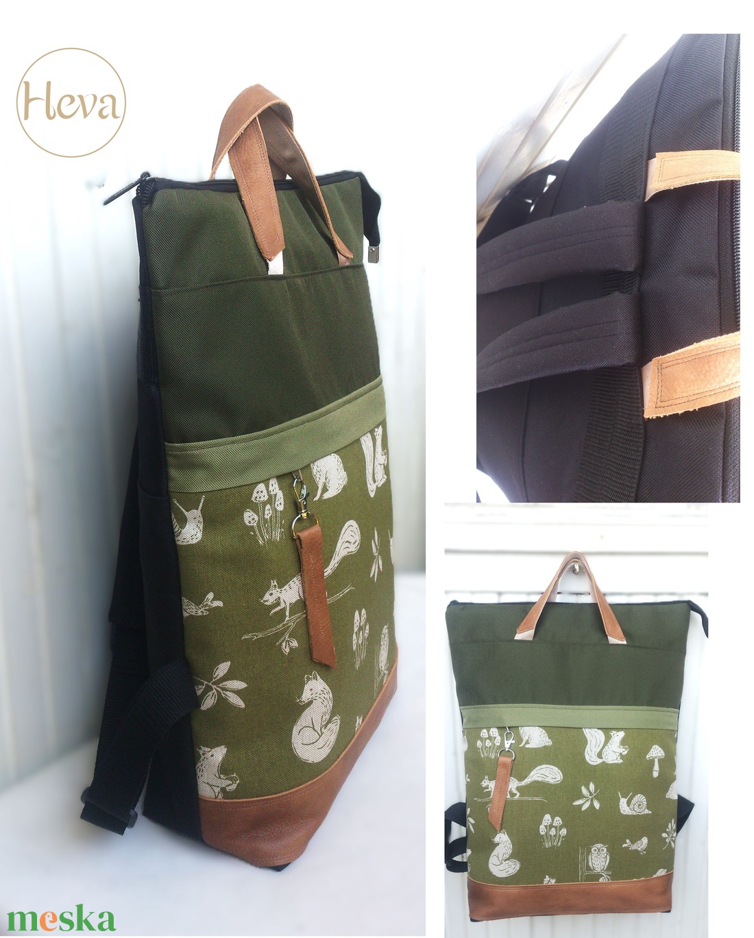 Zöld - erdei állatos hátizsák/kézitáska- vízálló - valódi bőrrel - pakolós hátizsák - ajándék - kismamáknak - táska & tok - hátizsák - hátizsák - Meska.hu