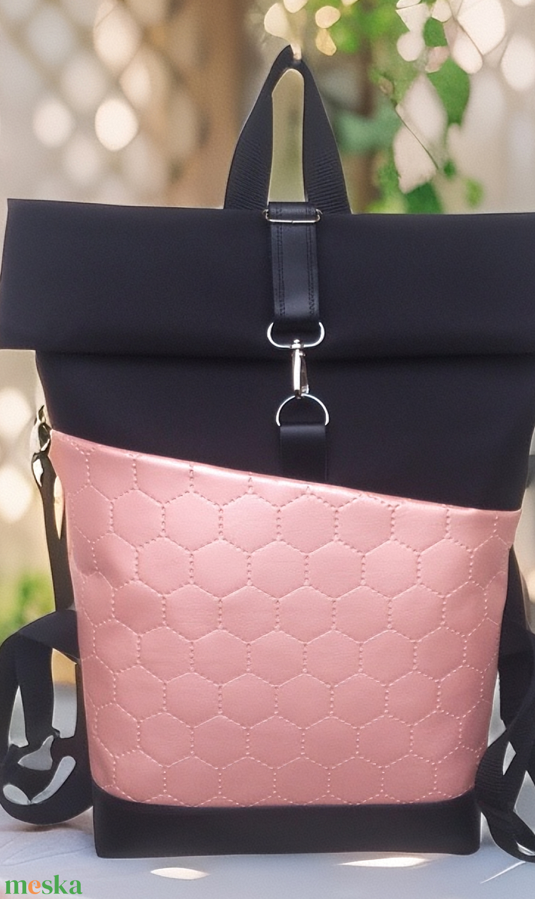 Rose- gyöngyház -fekete vízálló hátizsák- rolltop - valódi bőrrel  - ajándék -  - táska & tok - hátizsák - roll top hátizsák - Meska.hu