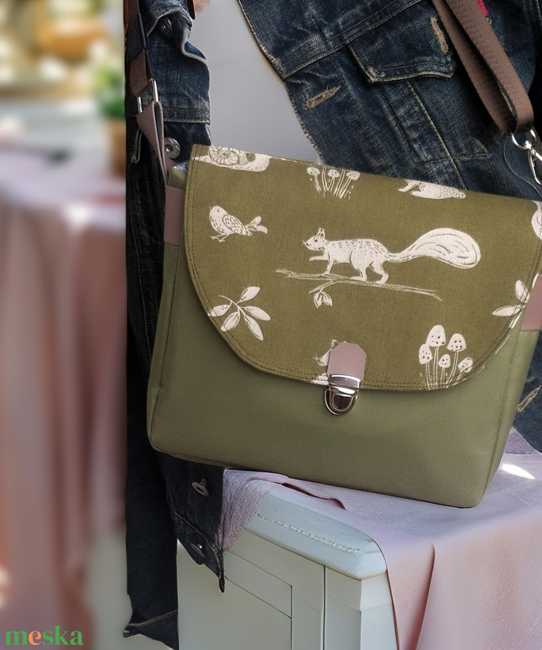 Cross body - olívazöld / oldaltáska, testtáska - bőr kiegészitőkkel - ajándék - Heva táska - karácsony - táska & tok - kézitáska & válltáska - vállon átvethető táska - Meska.hu