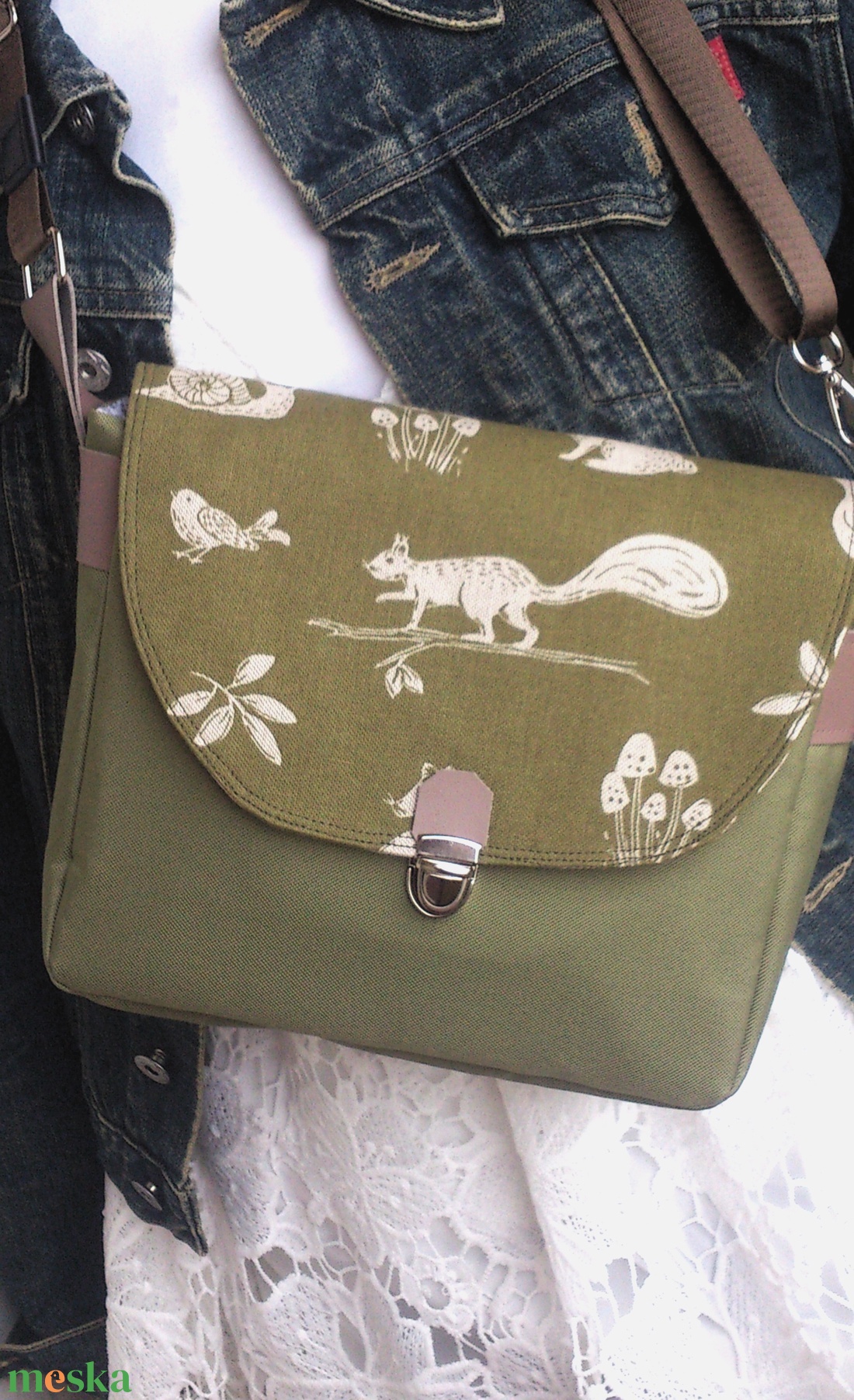 Cross body - olívazöld / oldaltáska, testtáska - bőr kiegészitőkkel - ajándék - Heva táska - karácsony - táska & tok - kézitáska & válltáska - vállon átvethető táska - Meska.hu