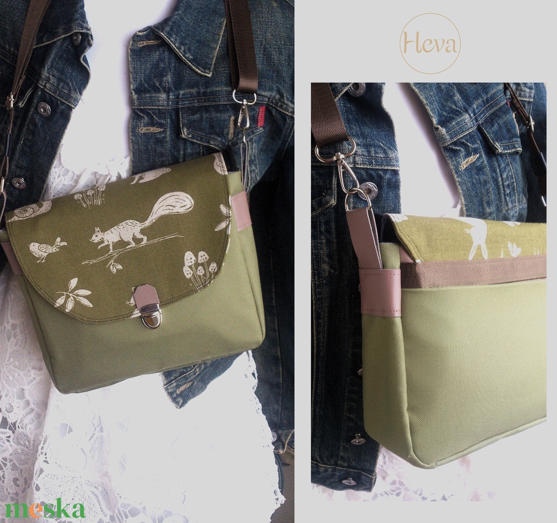 Cross body - olívazöld / oldaltáska, testtáska - bőr kiegészitőkkel - ajándék - Heva táska - karácsony - táska & tok - kézitáska & válltáska - vállon átvethető táska - Meska.hu