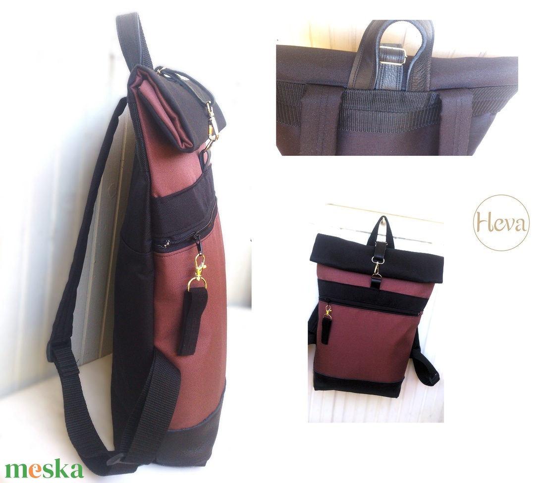 Fekete -barna- vízálló hátitáska- valódi bőrrel - nagyobb méret - unisex- ajándék - táska & tok - hátizsák - roll top hátizsák - Meska.hu