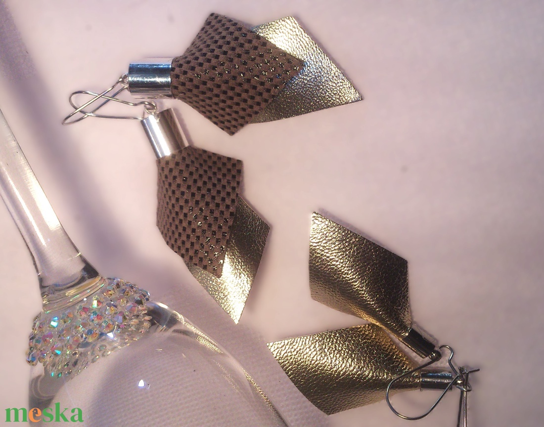 Pezsgő- bronz- arany -barna bőr fülbevaló szett 2 db - ajándék - Anyák napja- születésnap - ékszer - fülbevaló - lógó csepp fülbevaló - Meska.hu