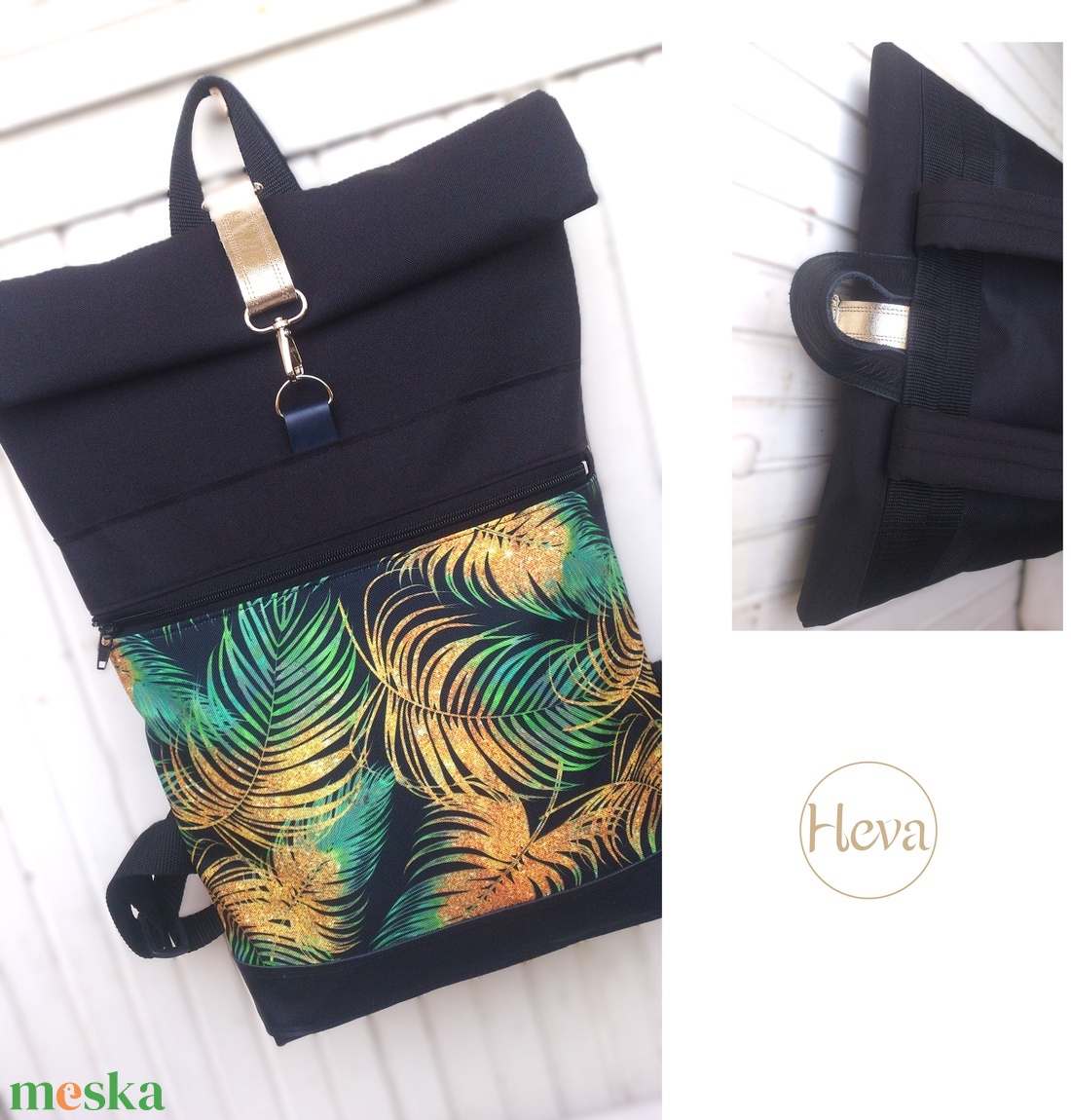 Kék, aranybarna-zöld hátizsák, vízálló- valódi bőrrel -laptoptáska- rolltop-  ajándék -  - táska & tok - hátizsák - roll top hátizsák - Meska.hu