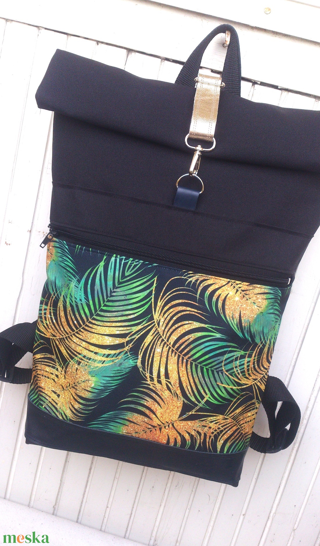 Kék, aranybarna-zöld hátizsák, vízálló- valódi bőrrel -laptoptáska- rolltop-  ajándék -  - táska & tok - hátizsák - roll top hátizsák - Meska.hu