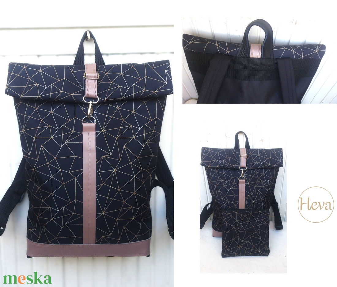 Fekete-barna mintás hátitáska, vízálló- valódi bőrrel - nagy méret - ajándék - unisex - táska & tok - hátizsák - roll top hátizsák - Meska.hu