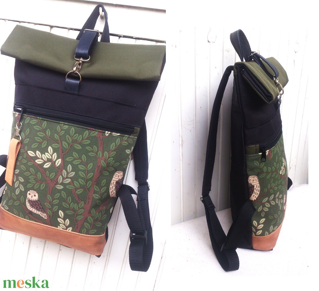 Zöld- fekete-baglyos Roll-top/hátizsák/ - valódi bőrrel - nagyobb méret- ajándék- laptop táska - Anyák napja - táska & tok - hátizsák - roll top hátizsák - Meska.hu