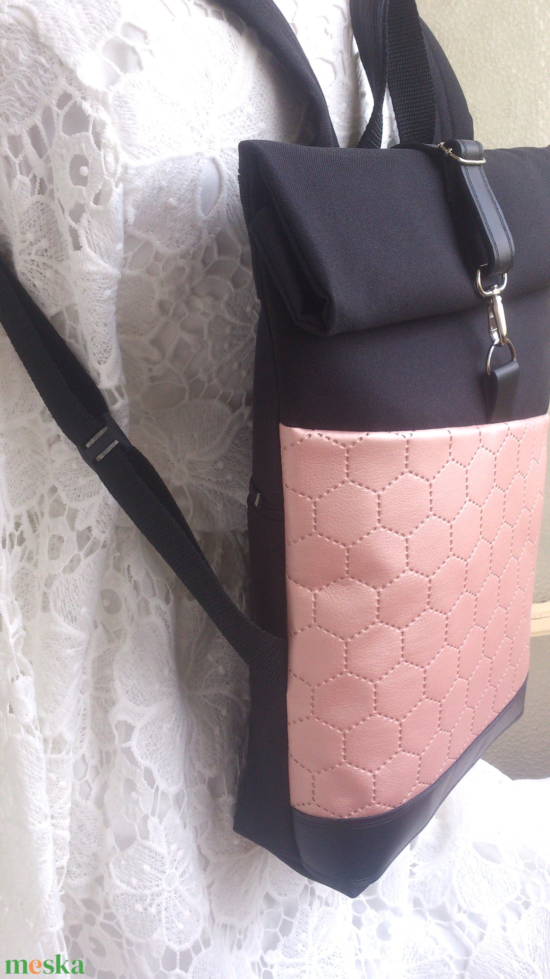Rose- gyöngyház -fekete vízálló hátizsák- rolltop - valódi bőrrel  - ajándék -  - táska & tok - hátizsák - roll top hátizsák - Meska.hu